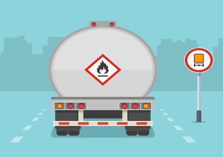 Isolated,Back,View,Of,A,Tank,Truck,Loaded,Hazardous,Materials.