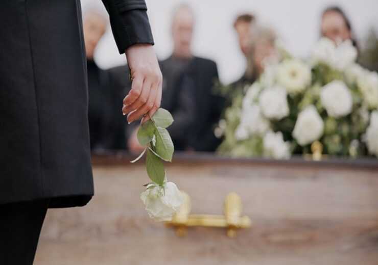 Death,,Funeral,And,Hand,Of,Man,With,Flower,At,Coffin,